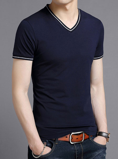 藏青色V領T恤定制款式模版圖二