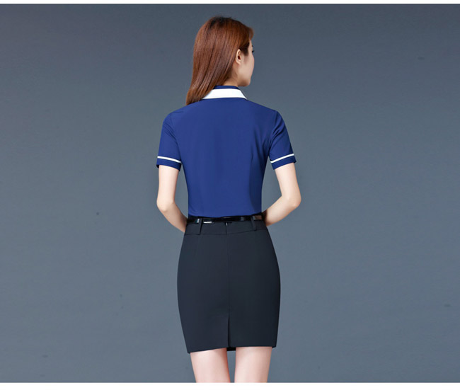 藍(lán)色嵌白邊時尚女襯衫定制背后效果圖