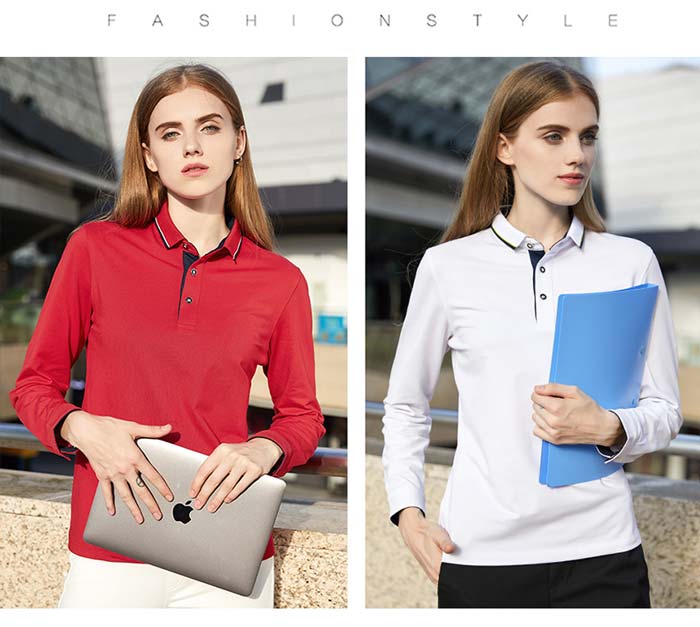 紅色及白色長(zhǎng)袖翻領(lǐng)POLO衫定做款式女模特效果展示圖